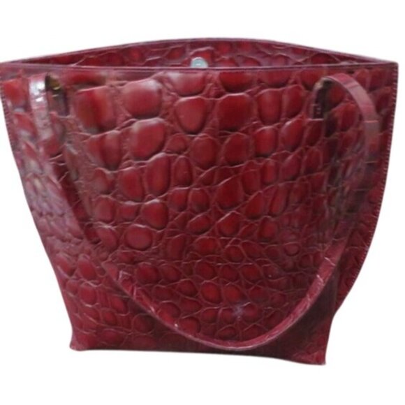 FURLA Vintage Croc Embossed Maroon Red Italian Leather Tote Handbag - Picture 2 of 12